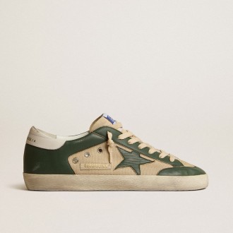 Golden Goose Super-Star In Cream Mesh And Green Nappa With Nappa Star