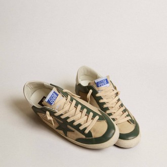 Golden Goose Super-Star In Cream Mesh And Green Nappa With Nappa Star