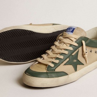 Golden Goose Super-Star In Cream Mesh And Green Nappa With Nappa Star