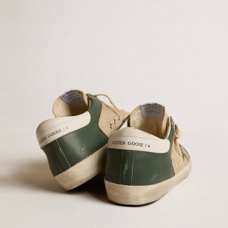 Golden Goose Super-Star In Cream Mesh And Green Nappa With Nappa Star