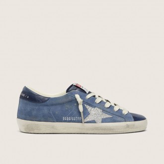 Golden Goose Super-Star In Denim-Blue Suede With Silver Glitter Star