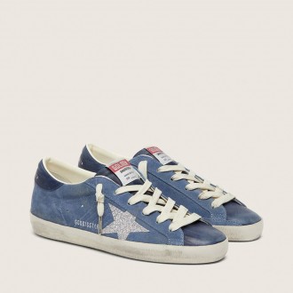 Golden Goose Super-Star In Denim-Blue Suede With Silver Glitter Star