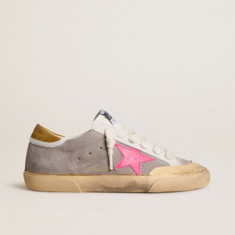 Golden Goose Super-Star In Dove-Gray Suede With Fuchsia Leather Star And Ocher Suede Heel Tab