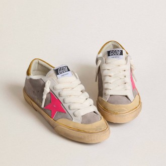 Golden Goose Super-Star In Dove-Gray Suede With Fuchsia Leather Star And Ocher Suede Heel Tab Golden Goose Super-Star In Dove-Gray Suede With Fuchsia Leather Star And Ocher Suede Heel Tab