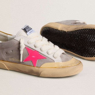 Golden Goose Super-Star In Dove-Gray Suede With Fuchsia Leather Star And Ocher Suede Heel Tab Golden Goose Super-Star In Dove-Gray Suede With Fuchsia Leather Star And Ocher Suede Heel Tab