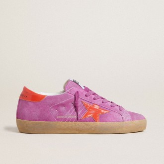 Golden Goose Super-Star In Fuchsia Suede With Fluorescent Orange Laminated Leather Star And Heel Tab