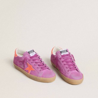 Golden Goose Super-Star In Fuchsia Suede With Fluorescent Orange Laminated Leather Star And Heel Tab