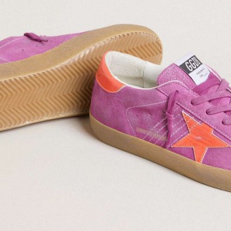 Golden Goose Super-Star In Fuchsia Suede With Fluorescent Orange Laminated Leather Star And Heel Tab