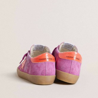 Golden Goose Super-Star In Fuchsia Suede With Fluorescent Orange Laminated Leather Star And Heel Tab
