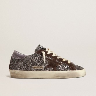 Golden Goose Super-Star In Glitter With A Brown Star And Lilac Heel Tab