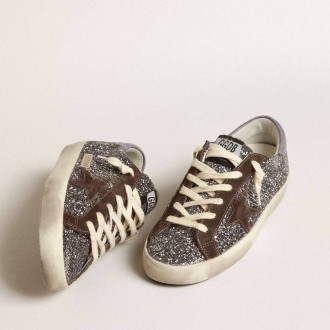 Golden Goose Super-Star In Glitter With A Brown Star And Lilac Heel Tab Golden Goose Super-Star In Glitter With A Brown Star And Lilac Heel Tab