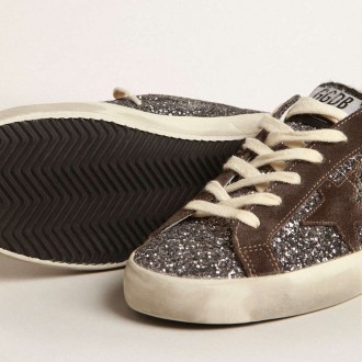 Golden Goose Super-Star In Glitter With A Brown Star And Lilac Heel Tab Golden Goose Super-Star In Glitter With A Brown Star And Lilac Heel Tab