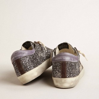 Golden Goose Super-Star In Glitter With A Brown Star And Lilac Heel Tab Golden Goose Super-Star In Glitter With A Brown Star And Lilac Heel Tab