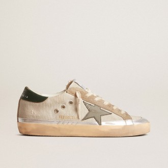 Golden Goose Super-Star In Gray Canvas With A Green Leather Star And Heel Tab