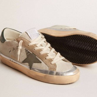 Golden Goose Super-Star In Gray Canvas With A Green Leather Star And Heel Tab Golden Goose Super-Star In Gray Canvas With A Green Leather Star And Heel Tab