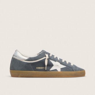 Golden Goose Super-Star In Gray Suede With White Leather Star And Silver Leather Heel Tab