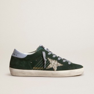 Golden Goose Super-Star In Green Suede, Silver Glitter Star And Leather Heel Tab