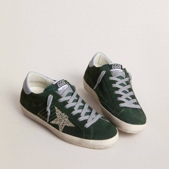 Golden Goose Super-Star In Green Suede, Silver Glitter Star And Leather Heel Tab Golden Goose Super-Star In Green Suede, Silver Glitter Star And Leather Heel Tab