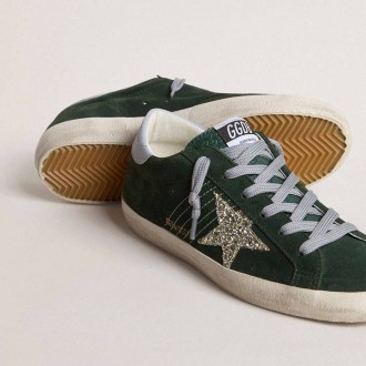 Golden Goose Super-Star In Green Suede, Silver Glitter Star And Leather Heel Tab Golden Goose Super-Star In Green Suede, Silver Glitter Star And Leather Heel Tab