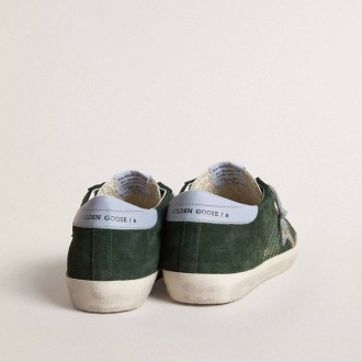 Golden Goose Super-Star In Green Suede, Silver Glitter Star And Leather Heel Tab Golden Goose Super-Star In Green Suede, Silver Glitter Star And Leather Heel Tab
