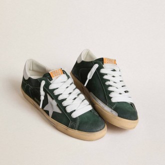 Golden Goose Super-Star In Green Suede With Silver Metallic Leather Star And Leather Heel Tab