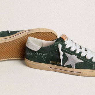 Golden Goose Super-Star In Green Suede With Silver Metallic Leather Star And Leather Heel Tab