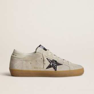 Golden Goose Super-Star In Ice-Gray Suede With Silver Glitter Star And Leather Heel Tab