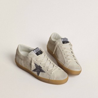 Golden Goose Super-Star In Ice-Gray Suede With Silver Glitter Star And Leather Heel Tab
