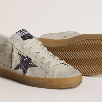 Golden Goose Super-Star In Ice-Gray Suede With Silver Glitter Star And Leather Heel Tab