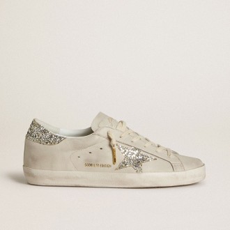 Golden Goose Super-Star In Ivory Nappa Leather With Platinum Glitter Star And Heel Tab