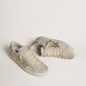 Golden Goose Super-Star In Ivory Nappa Leather With Platinum Glitter Star And Heel Tab
