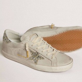 Golden Goose Super-Star In Ivory Nappa Leather With Platinum Glitter Star And Heel Tab