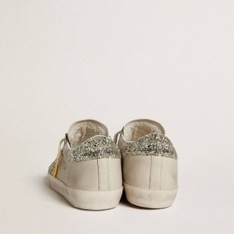 Golden Goose Super-Star In Ivory Nappa Leather With Platinum Glitter Star And Heel Tab