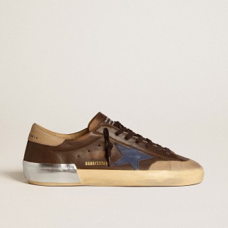 Golden Goose Super-Star In Leather With Blue Leather Star And Beige Nubuck Heel Tab
