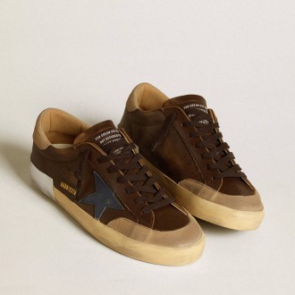 Golden Goose Super-Star In Leather With Blue Leather Star And Beige Nubuck Heel Tab