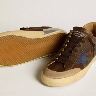 Golden Goose Super-Star In Leather With Blue Leather Star And Beige Nubuck Heel Tab