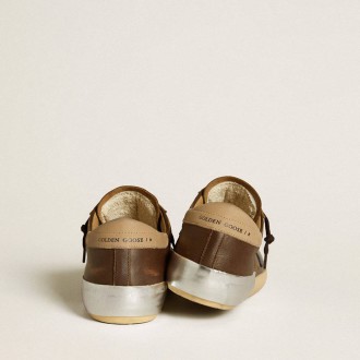 Golden Goose Super-Star In Leather With Blue Leather Star And Beige Nubuck Heel Tab