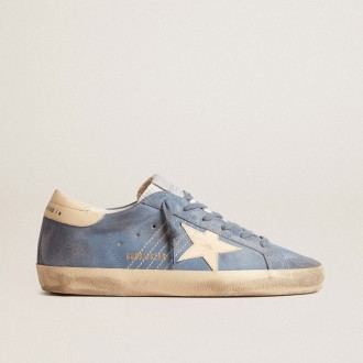 Golden Goose Super-Star In Light Blue Suede With Beige Leather Star And Heel Tab