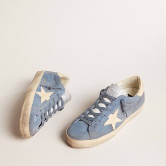 Golden Goose Super-Star In Light Blue Suede With Beige Leather Star And Heel Tab