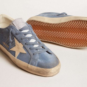 Golden Goose Super-Star In Light Blue Suede With Beige Leather Star And Heel Tab