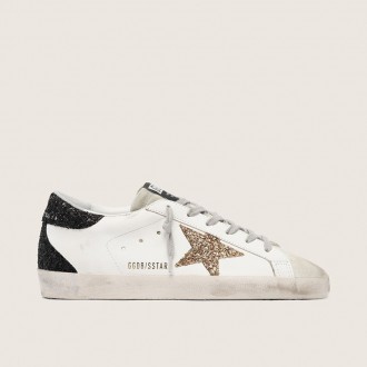 Golden Goose Super-Star In Nappa Leather With Gold Glitter Star And Black Glitter Heel Tab