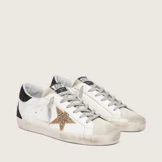 Golden Goose Super-Star In Nappa Leather With Gold Glitter Star And Black Glitter Heel Tab Golden Goose Super-Star In Nappa Leather With Gold Glitter Star And Black Glitter Heel Tab