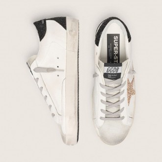 Golden Goose Super-Star In Nappa Leather With Gold Glitter Star And Black Glitter Heel Tab Golden Goose Super-Star In Nappa Leather With Gold Glitter Star And Black Glitter Heel Tab