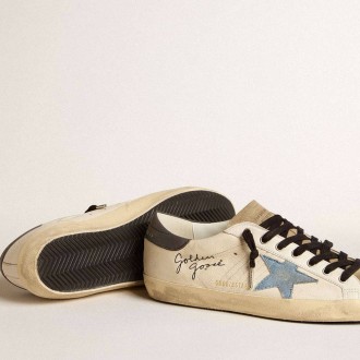 Golden Goose Super-Star In Nappa Leather With Light Blue Suede Star And Gray Leather Heel Tab Golden Goose Super-Star In Nappa Leather With Light Blue Suede Star And Gray Leather Heel Tab