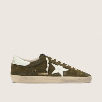 Golden Goose Super-Star In Olive-Green Suede With White Leather Star