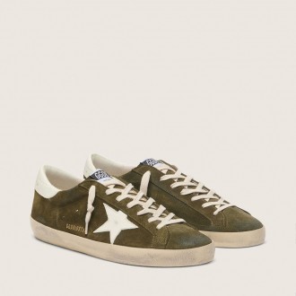 Golden Goose Super-Star In Olive-Green Suede With White Leather Star
