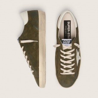 Golden Goose Super-Star In Olive-Green Suede With White Leather Star