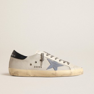 Golden Goose Super-Star In Pale Silver Mesh With Light Blue Suede Star