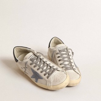 Golden Goose Super-Star In Pale Silver Mesh With Light Blue Suede Star