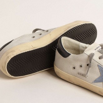 Golden Goose Super-Star In Pale Silver Mesh With Light Blue Suede Star